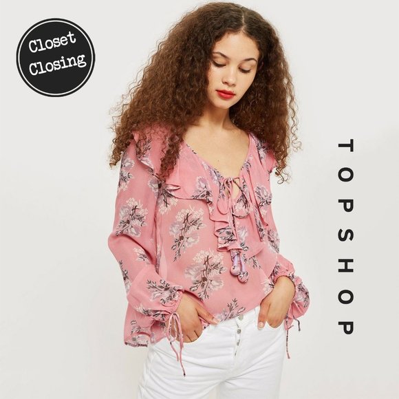 ⚡️[TOPSHOP] Pink Floral Ruffle Blouse | Size 2 - Picture 1 of 9